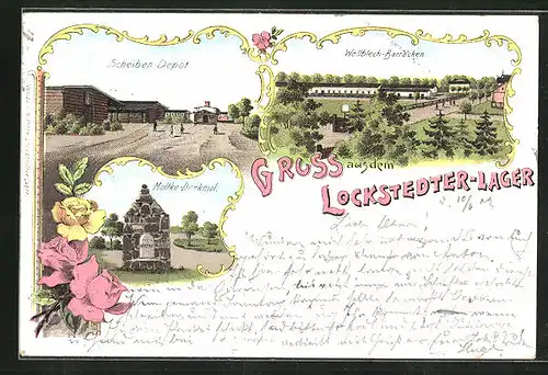 Lithographie Lockstedter Lager, Wellblech-Baracken, Scheiben-Depot, Moltke-Denkmal