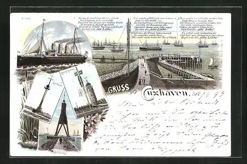 Lithographie Cuxhaven, Zeitball, Leuchtturm, Kugelbaake