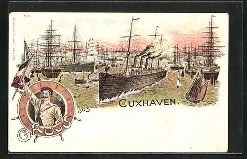 Lithographie Cuxhaven, Hafen mit Schiffen