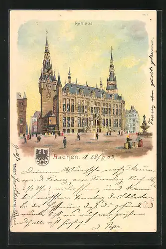 Lithographie Aachen, Rathaus mit Vorplatz