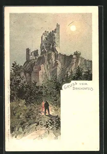 Lithographie Drachenfels, Blick auf die Ruine