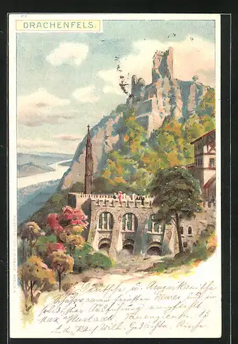 Lithographie Drachenfels, Partie der Ruine