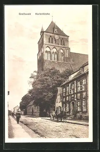 AK Greifswald, Marienkirche, Strassenpartie