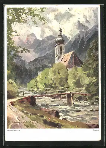 Künstler-AK sign. Hanns Maurus: Ramsau, Uferpartie mit Kirche und Brücke