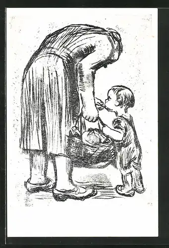 Künstler-AK Käthe Kollwitz: Frau mit Korb füttert Kind