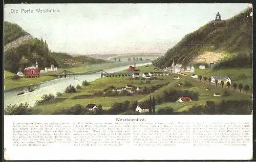 AK Porta Westfalica, Blick auf den Ort und Westfalenlied