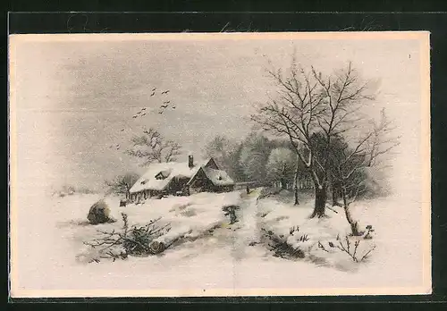 Seiden-AK Das einsame Haus in der Winterlandschaft