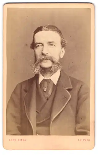 Fotografie Geb. Siebe, Leipzig, Hotel Stadt Dresden, Portrait älterer Mann im Nadelstreifenanzug mit Fu Manchu Bart