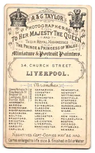 Fotografie A. & G. Taylor, Liverpool, 34 Church Street, Portrait Mann im Anzug mit Fliege und Chin-Strap Bart