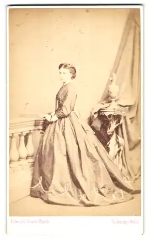 Fotografie Edwar Sims, Turnbridge Wells, Portrait Dame im Biedermeier Kleid mit Zopf, Studiokulisse