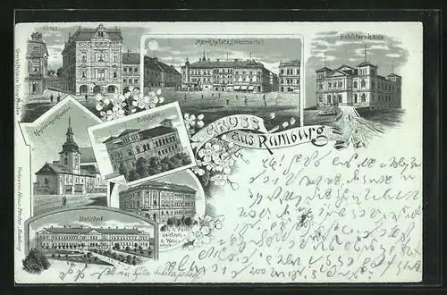 Lithographie Rumburg / Rumburk, Restaurant Schützenhaus, Bahnhof, Turnhalle