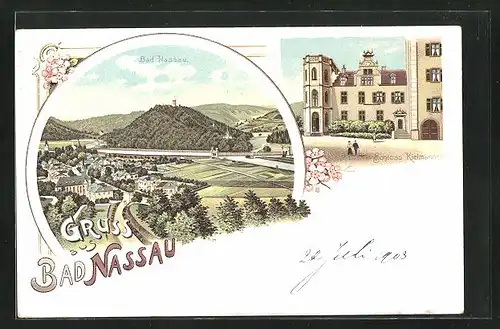 Lithographie Bad Nassau, Schloss Kielmannsegge, Totalansicht mit Turm auf Berg