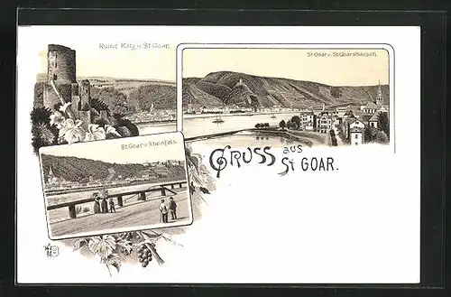 Lithographie St. Goar, Ruine Katz, Stadt u. Rheinfels