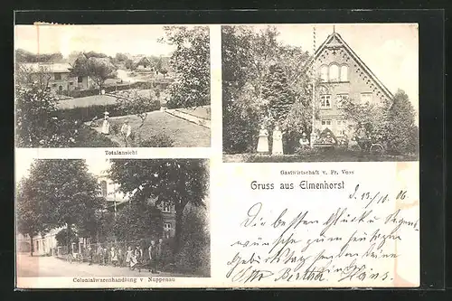 AK Elmenhorst, Gasthof v. Fr. Voss, Colonialwarenhandlung v. Nuppenau