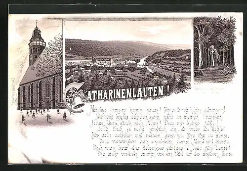 Lithographie Hann. Münden, Catharinenläuten, Totalansicht mit Umgebung