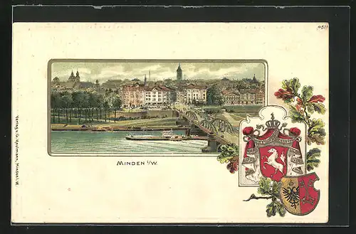 Passepartout-Lithographie Minden i / W., Teilansicht mit Brücke und Dampfer, Wappen