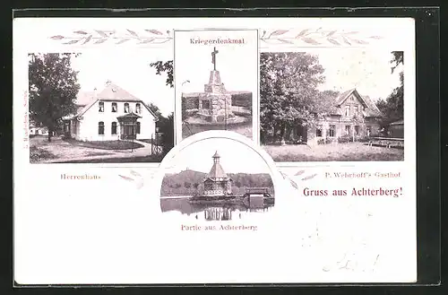 AK Achterberg, P. Wehrhoff`s Gasthof, Herrenhaus, Kriegerdenkmal