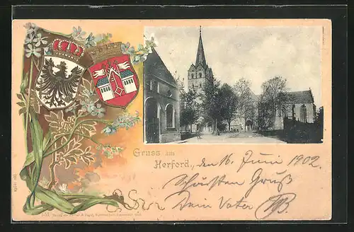 Passepartout-Lithographie Herford, Ortspartie mit Kirche, Wappen