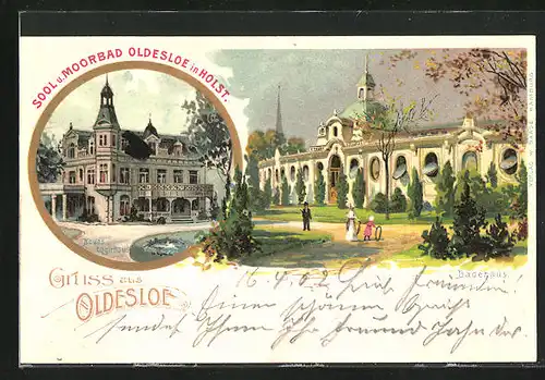 Lithographie Oldesloe i. Holst., Sool- und Moorbad mit Hotel, Logierhaus, Badehaus