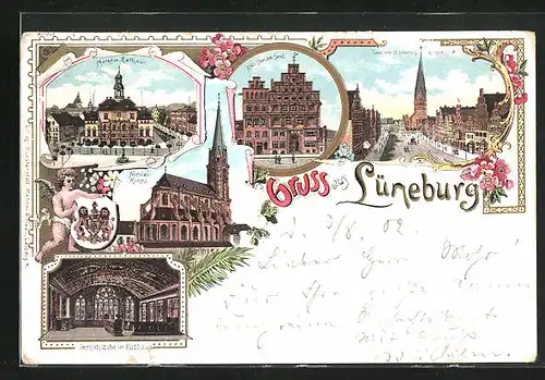 Lithographie Lüneburg, Altes Haus am Sand, Nicolai-Kirche