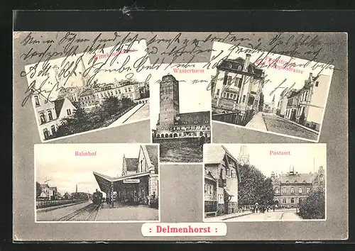 AK Delmenhorst, Bahnhof, Wasserturm, Fischstrasse und Koppelstrasse