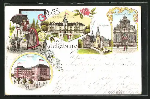 Lithographie Bückeburg, Kaserne, Lutherische Kirche, Neues Palais