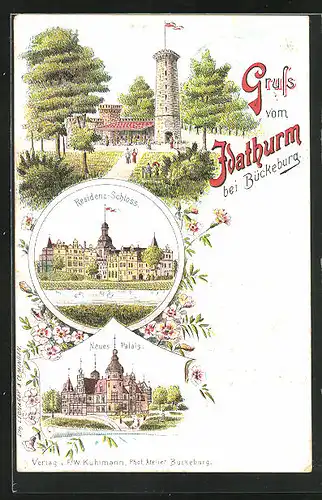 Lithographie Bückeburg, Gasthaus am Idathurm, Residenz-Schloss, Neues Palais