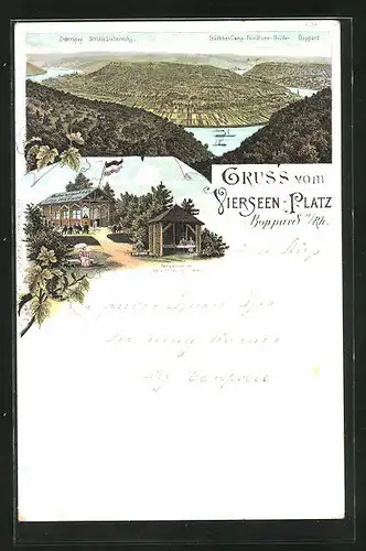 Lithographie Boppard a. Rh., Restaurant J. Wagner und Tempelchen des Verschönerungs-Vereins, Ausblick vom Vierssen-Platz