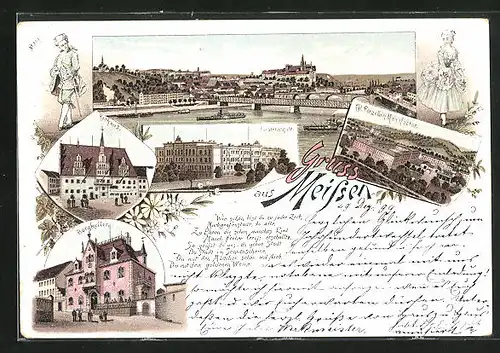 Lithographie Meissen, Restaurant Burgkeller, Fürstenschule, Rathaus, Porzellanmanufaktur, Totalansicht