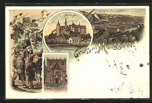 Lithographie Meissen, Porzellanmanufaktur, Albrechtsburg, Dom, Zwerge trinken Wein