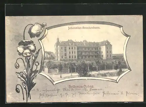 AK Heidenau-Dohna, Johanniter-Krankenhaus im Passepartout mit Blume