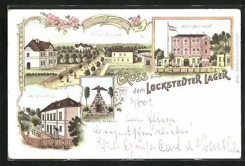 Lithographie Lockstedter Lager, Hotel Kaiserhof, Hauptwache, Bismarck-Denkmal, Totalansicht
