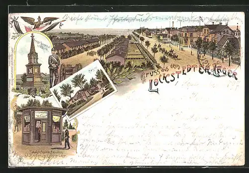 Lithographie Lockstedter Lager, Gesamtansicht mit Hotel Stadt Hamburg, Tabakgeschäft Krebel, Casino