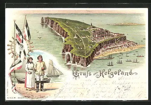 Lithographie Helgoland, Gesamtansicht, Helgoländer am Strand