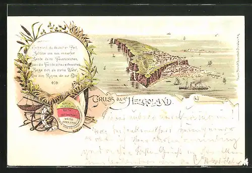 Lithographie Helgoland, Gesamtansicht mit Spruch