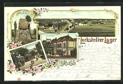 Lithographie Lockstedter Lager, Hauptwache, Offizierskasino, Waldersee-Stein, Totalansicht