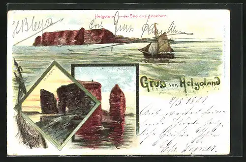 Lithographie Helgoland, Insel von der See aus gesehen mit Eris Hörn und Mönch