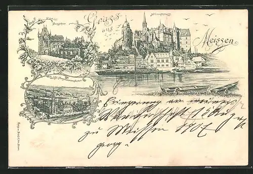 Lithographie Meissen, Albrechtsburg, Porzellanmanufaktur, Burgtor