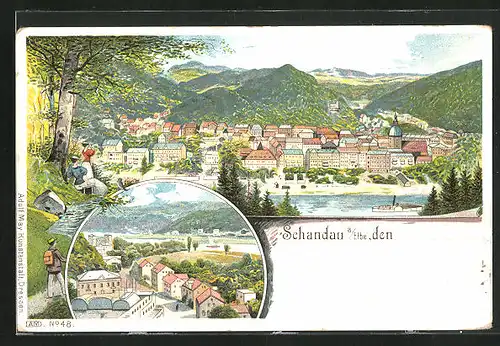 Lithographie Bad Schandau / Elbe, Totalansicht