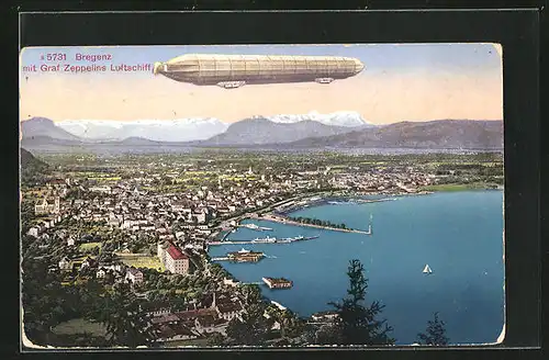 AK Bregenz, Gesamtansicht mit Graf Zeppelins Luftschiff