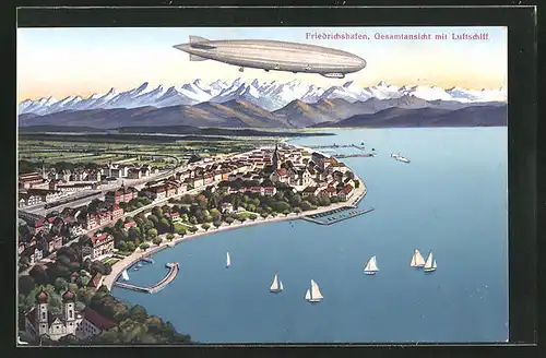 AK Friedrichshafen, Gesamtansicht mit Zeppelin