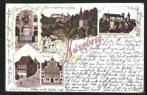 Lithographie Nürnberg, Burg, Spittlerthor, Dürerhaus & Dürerdenkmal