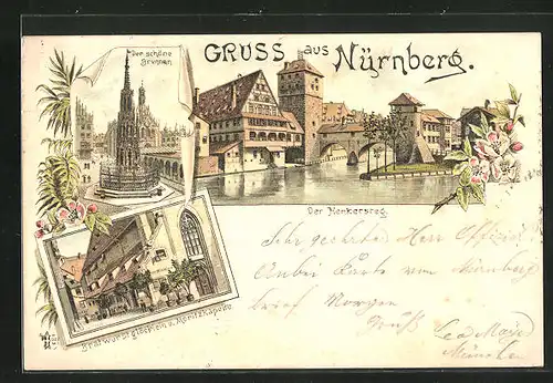 Lithographie Nürnberg, Der Henkersteg, Bratwurstglöcklein & schöner Brunnen