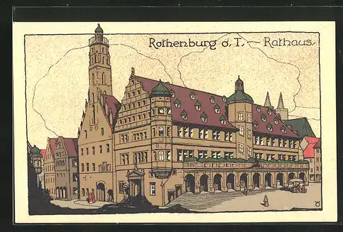 Steindruck-AK Rothenburg o. T., Partie am Rathaus