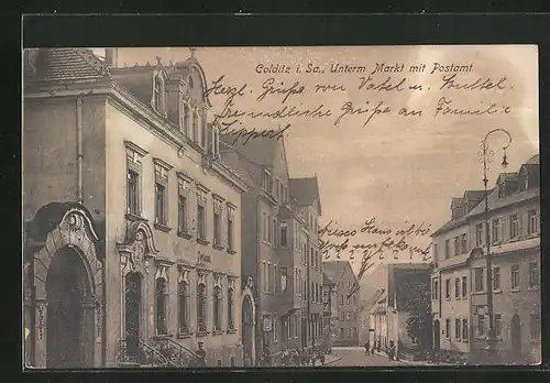 AK Colditz i. Sa., Unterm Markt mit Postamt
