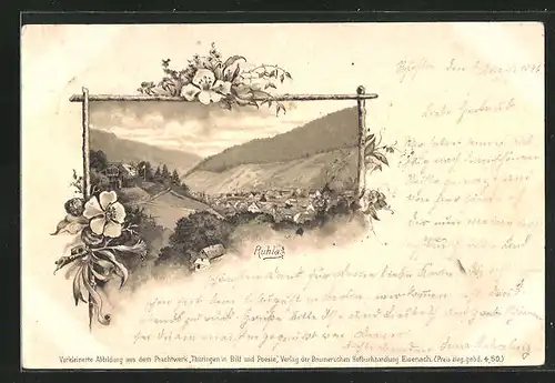 Lithographie Ruhla, Panorama mit Blumenschmuck