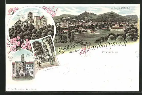Lithographie Eisenach, Panorama, Wartburg und Luther-Denkmal