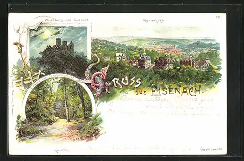 Lithographie Eisenach, Panorama Marienhöhe, Wartburg & Annathal