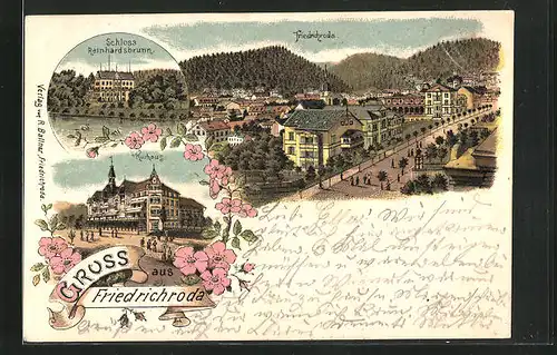 Lithographie Friedrichroda, Panorama, Kurhaus & Schloss Reinhardsbrunn