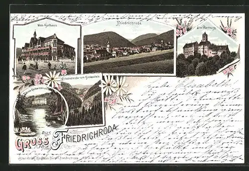 Lithographie Friedrichroda, Panorama, Kurhaus, Wartburg & Schloss Reinhardsburg